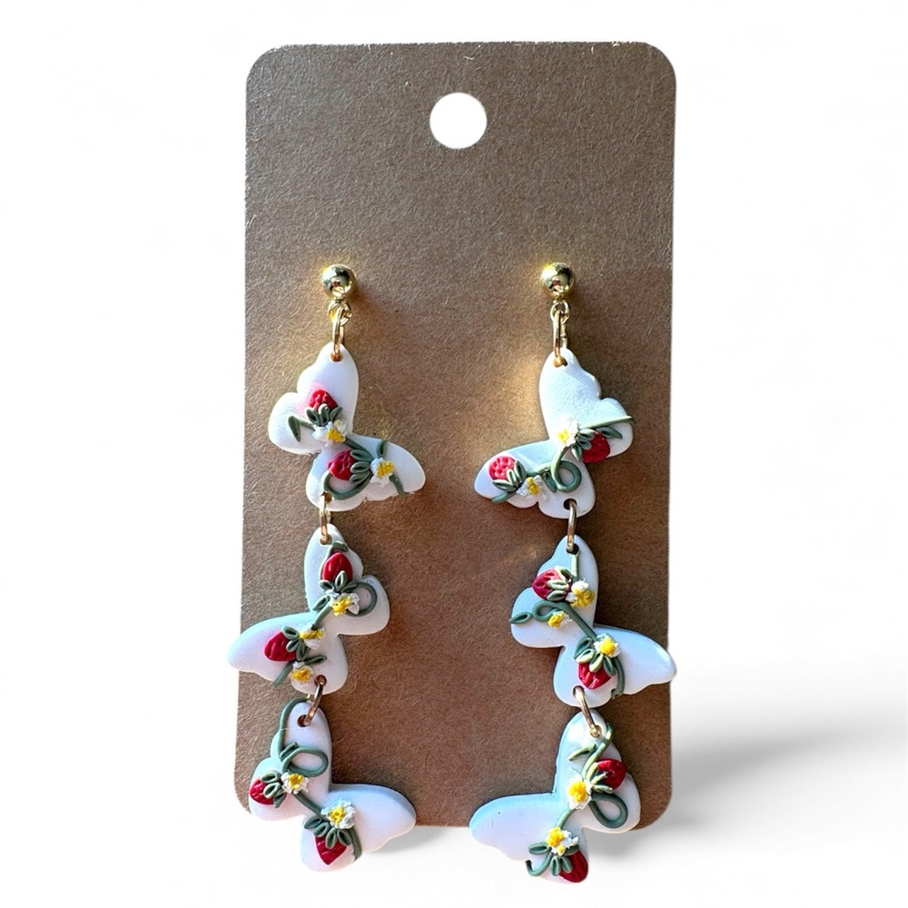 Handmade Butterfly Strawberry Dangle Earrings White